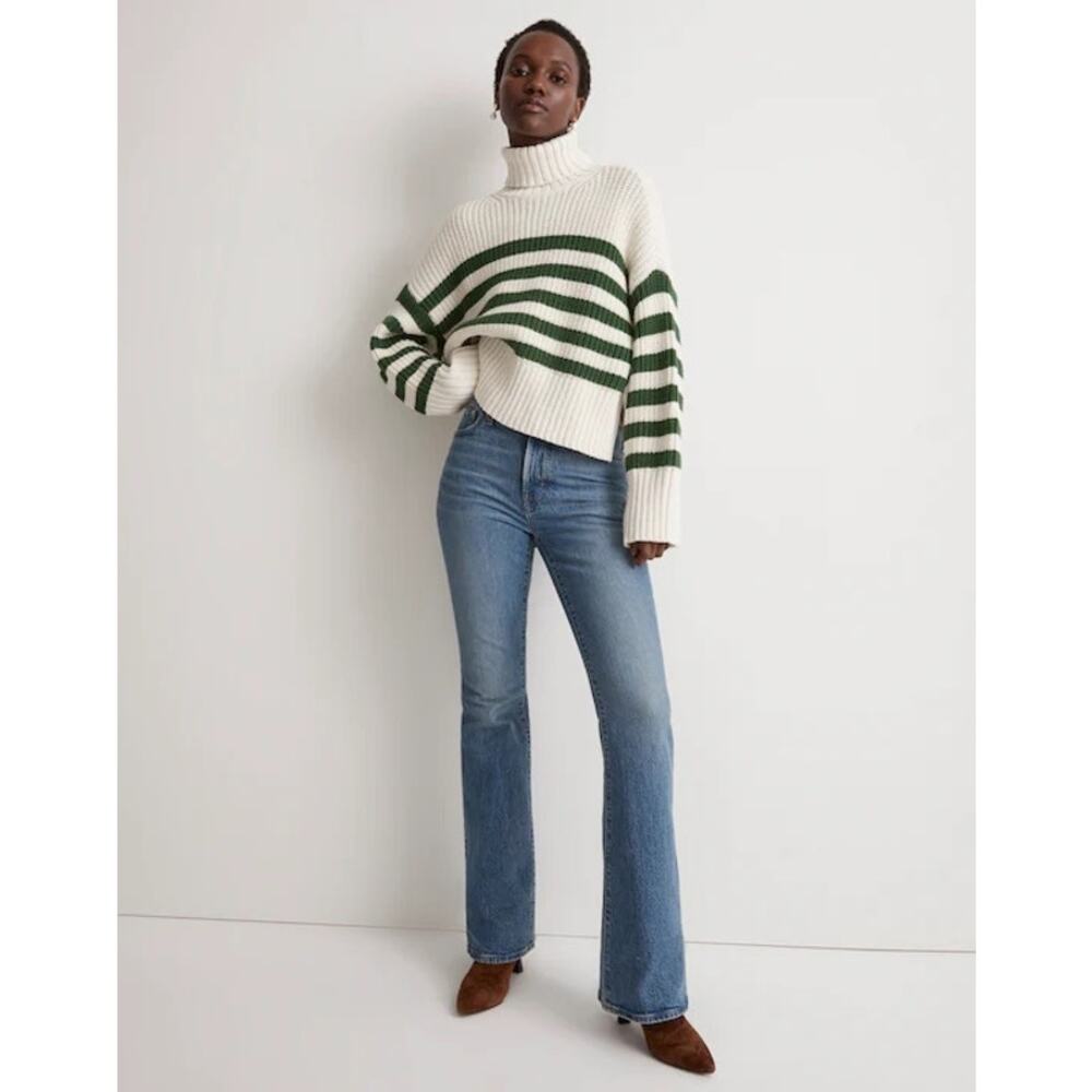 Madewell | NEW Wide Rib Turtleneck Sweater in Varsity Green/White Stripe Preppy - Picture 2 of 15